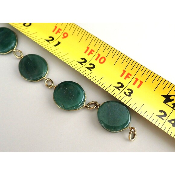 Green Aventurine Necklace & Matching Bracelet Stone Disk Gold Tone Wire Links - Picture 8 of 16